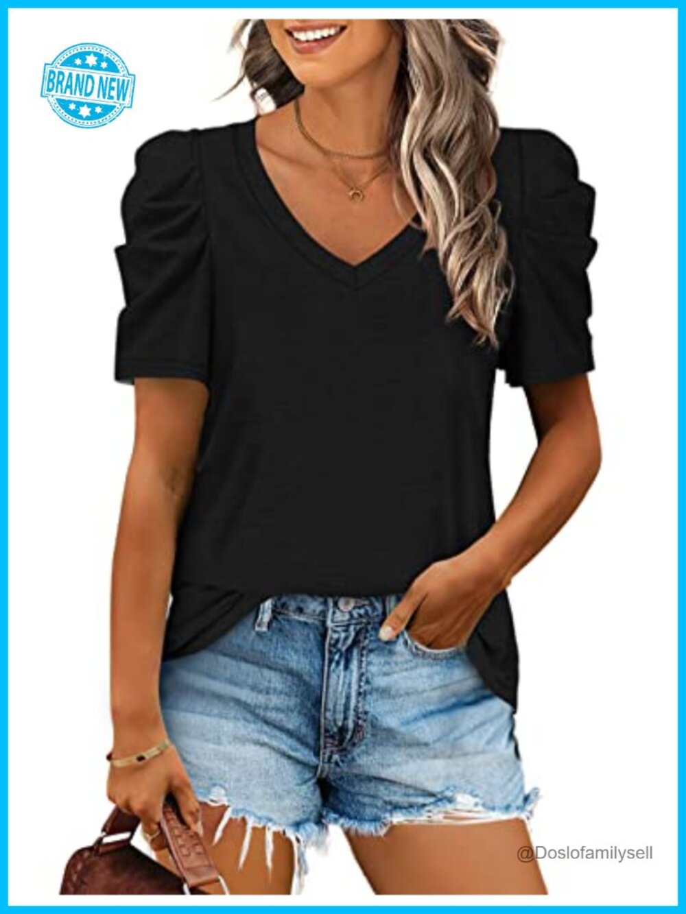 Womens Summer V Neck Puff Sleeve Casual T Shirt Loose Fit Solid Top